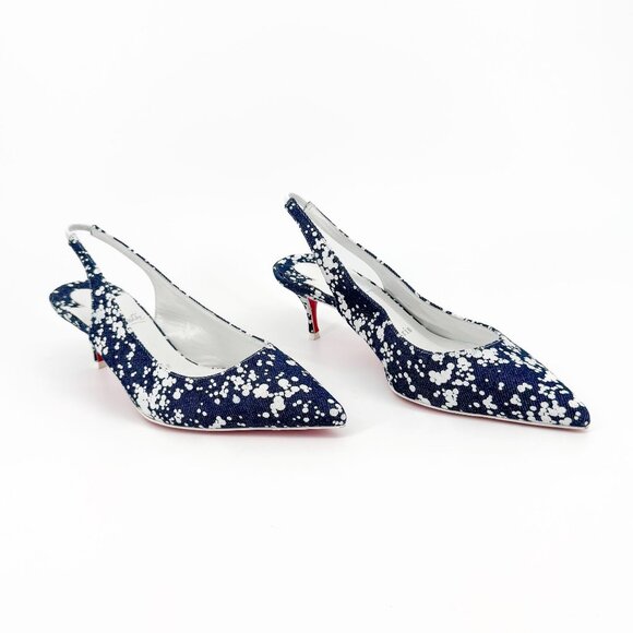 Christian Louboutin Kate Slingback 55 Pumps Blue Denim Size 37 US 7 Kitten Heels - Picture 1 of 15